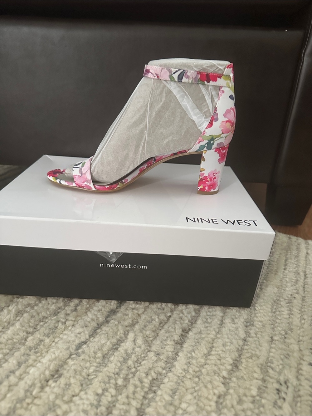 NWT Nine West Floral Pink Block Heel Sandal with Ankle Strap